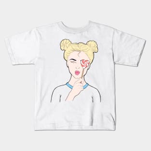 Girl blonde with a heart-shaped lollipop Kids T-Shirt